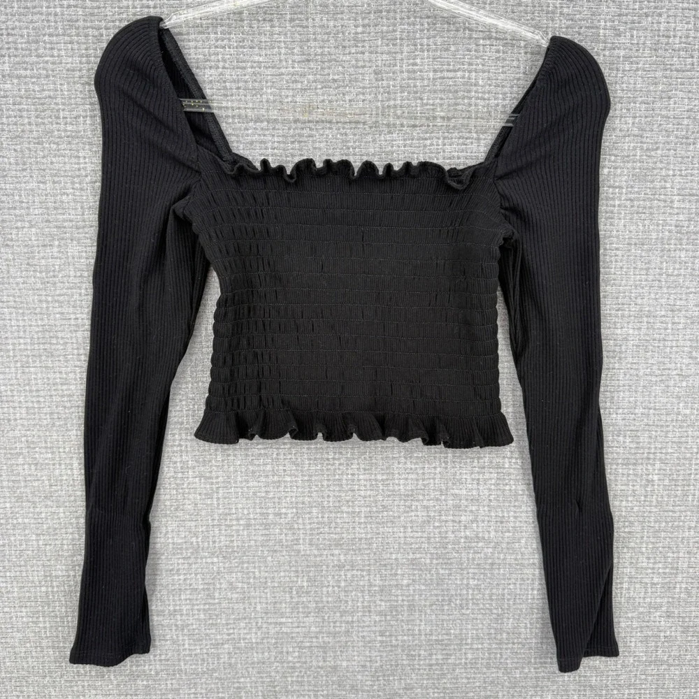 Reformation Smocked Long Top Women Sz M Black Ribbed Coquette‎ Milkmaid Goth
